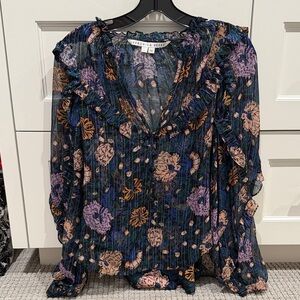Veronica Beard Sheer Floral Blouse - Blue and Pink